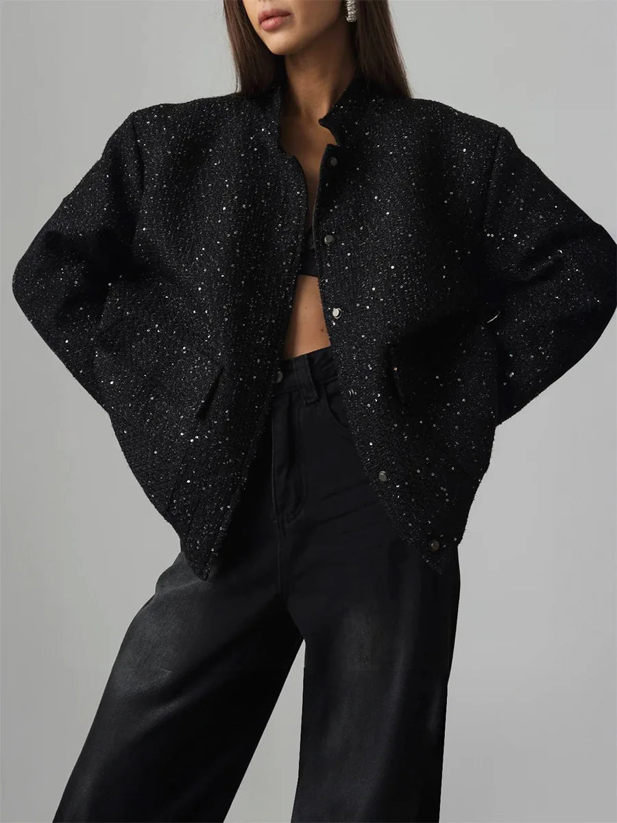Veste à paillettes dorées pour femmes, nouvelle mode, col montant, ample, vêtements d'hiver, 2025