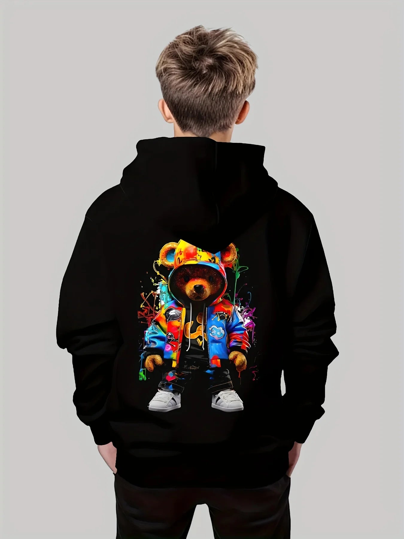 Vêtements pour enfants, sweat à capuche pour garçons, manches longues, imprimé ours Cool, vêtements de printemps et d'automne, à la mode, vêtements d'extérieur