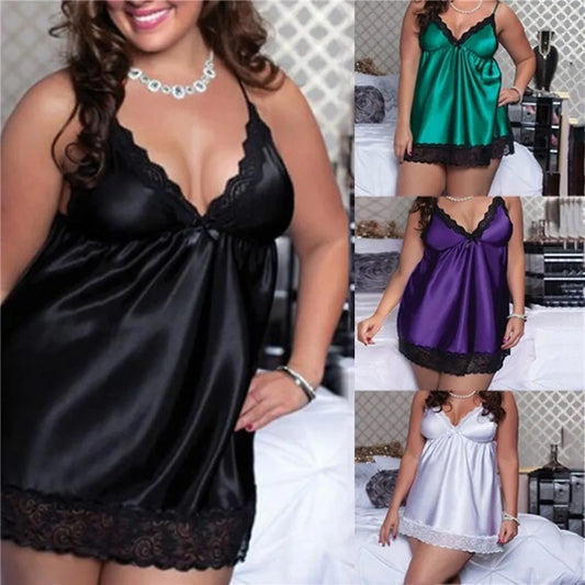 Sexy col en v femmes Lingerie robe de nuit sans manches dames chemise de nuit en Satin grande taille XL-5XL déshabillé en dentelle vêtements de nuit Lingeries