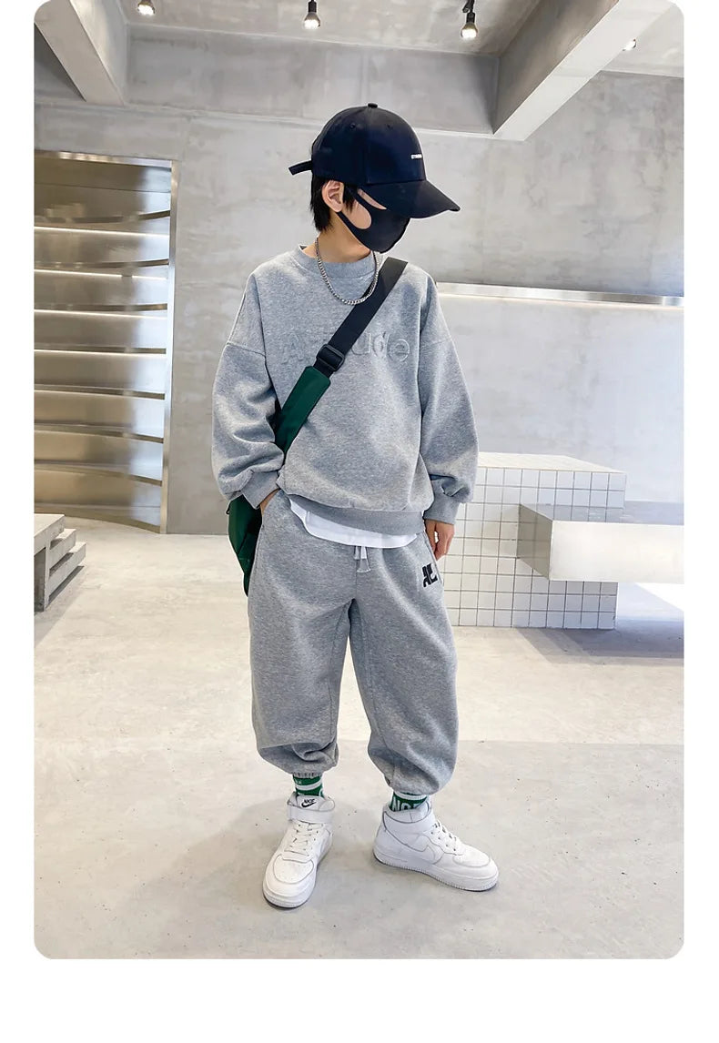 Ensemble de vêtements de sport pour garçons, sweat-shirt + pantalon imprimé de lettres de couleur unie, 2 pièces pour enfants de 5 à 14 ans, costume de loisirs de printemps et d'automne