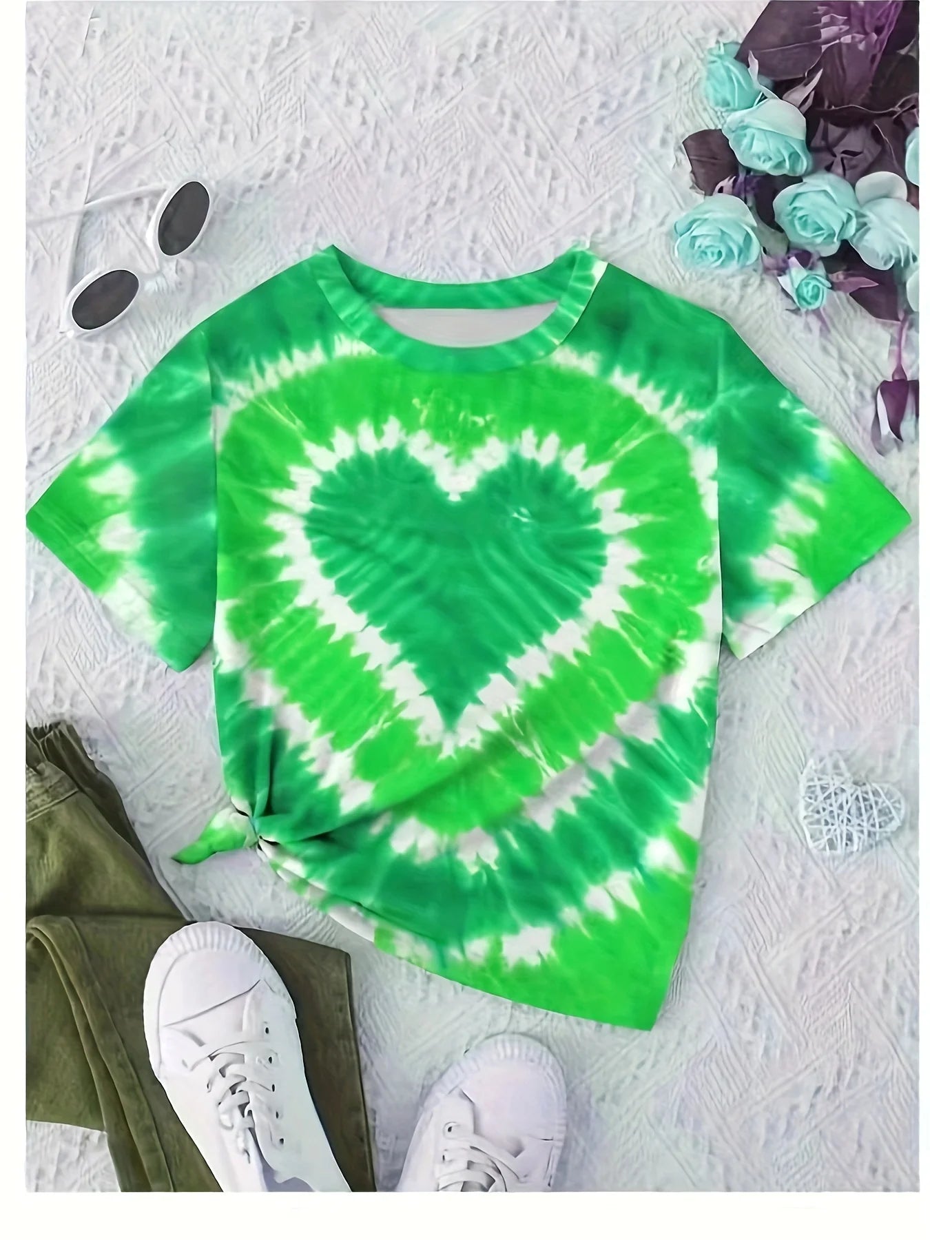 Vêtements fille T-Shirt enfant manches courtes coeur imprimé Tie Dye fille T-Shirt haut t-shirts occasionnels enfants vêtements d'été vêtements pour enfants