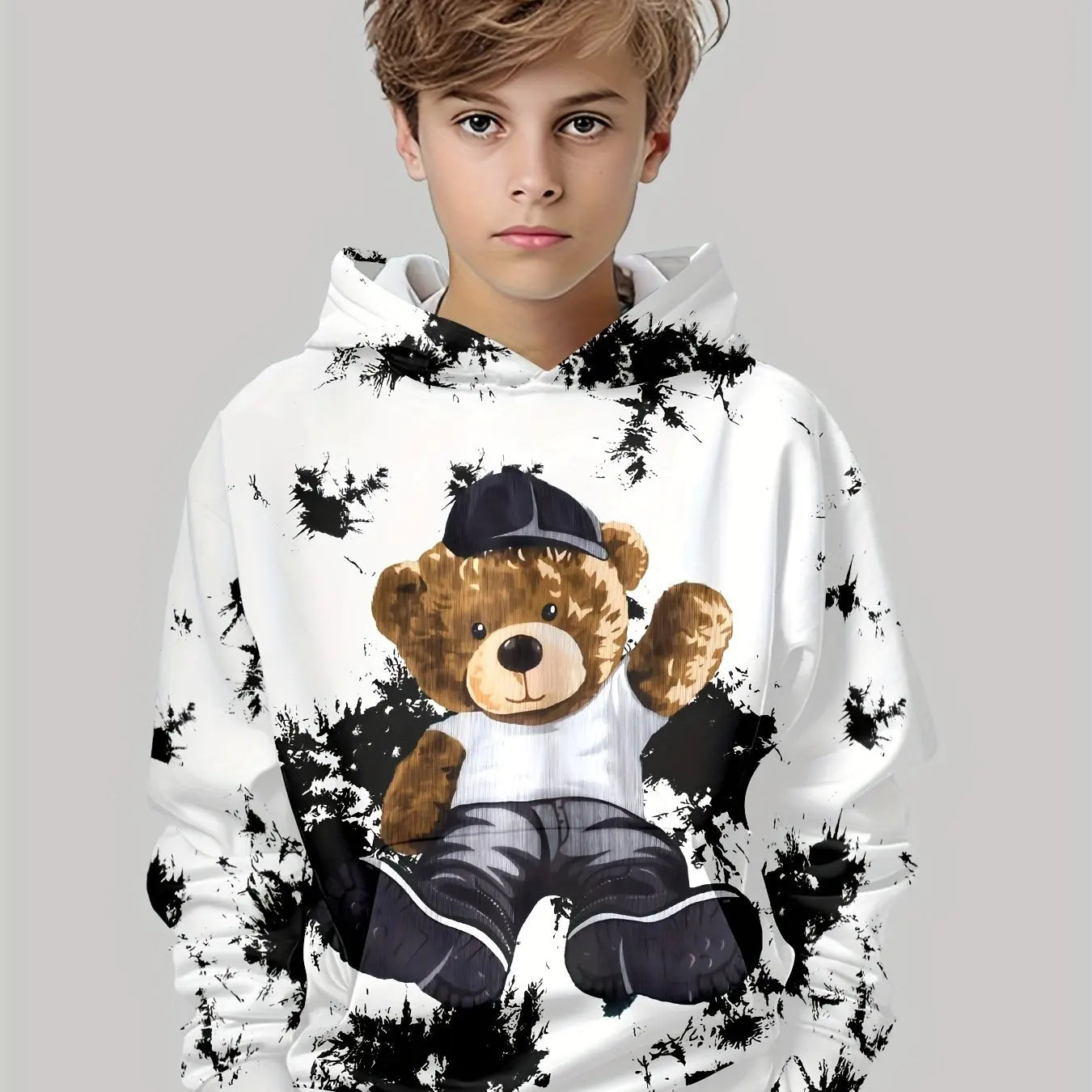 Vêtements pour enfants, sweat à capuche pour garçons, manches longues, imprimé ours Cool, vêtements de printemps et d'automne, à la mode, vêtements d'extérieur