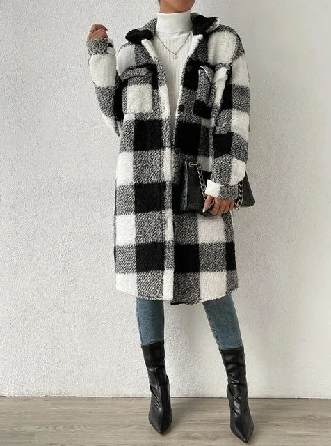 Cardigan à manches longues et col rabattu, manteau à carreaux en peluche, tempérament ample, veste longue de banlieue, vêtements d'extérieur pour femmes, automne 2023