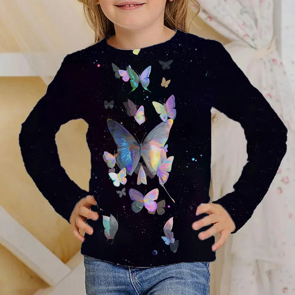 Vêtements pour filles de 4 à 12 ans, t-shirts noirs à manches longues avec papillon brillant, mode automne 2025, hauts pour enfants