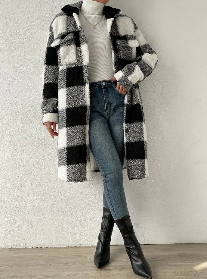 Cardigan à manches longues et col rabattu, manteau à carreaux en peluche, tempérament ample, veste longue de banlieue, vêtements d'extérieur pour femmes, automne 2023