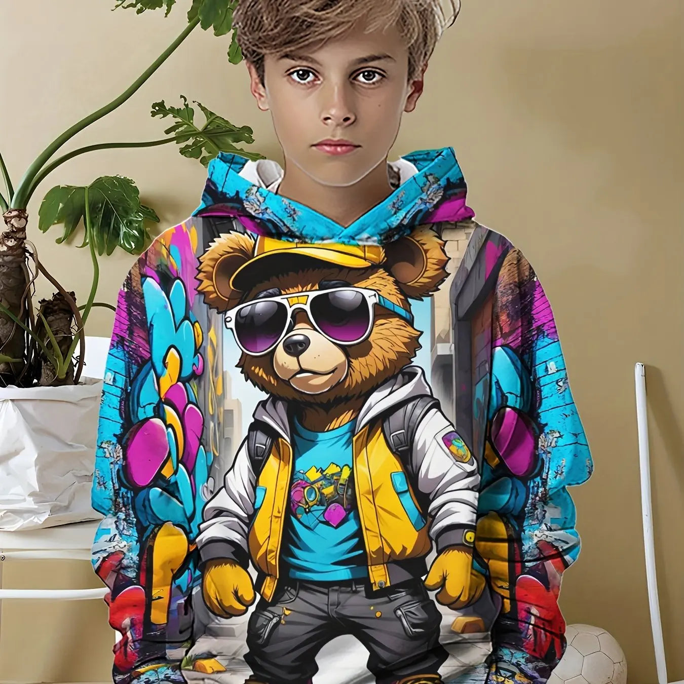 Vêtements pour enfants, sweat à capuche pour garçons, manches longues, imprimé ours Cool, vêtements de printemps et d'automne, à la mode, vêtements d'extérieur