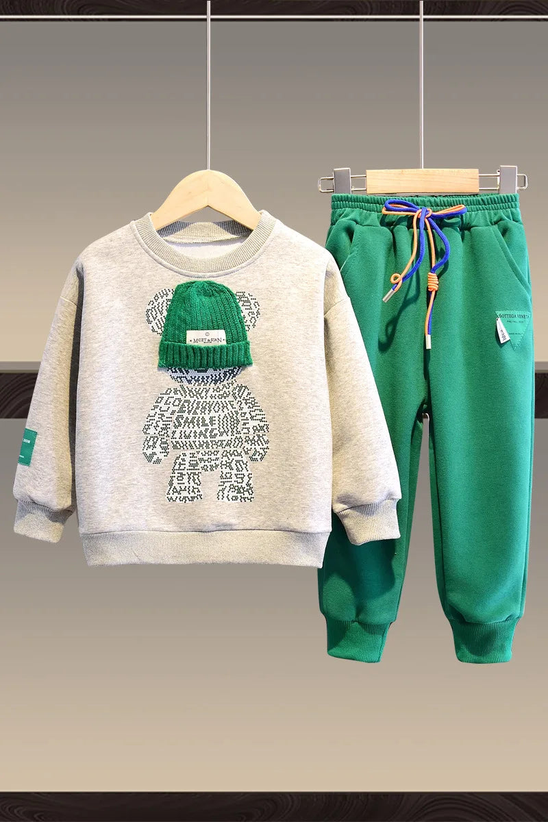 Ensemble de vêtements d'automne pour bébés filles et garçons, sweat-shirt avec ours de dessin animé, pantalon et haut à boutons, costume deux pièces, survêtement en coton