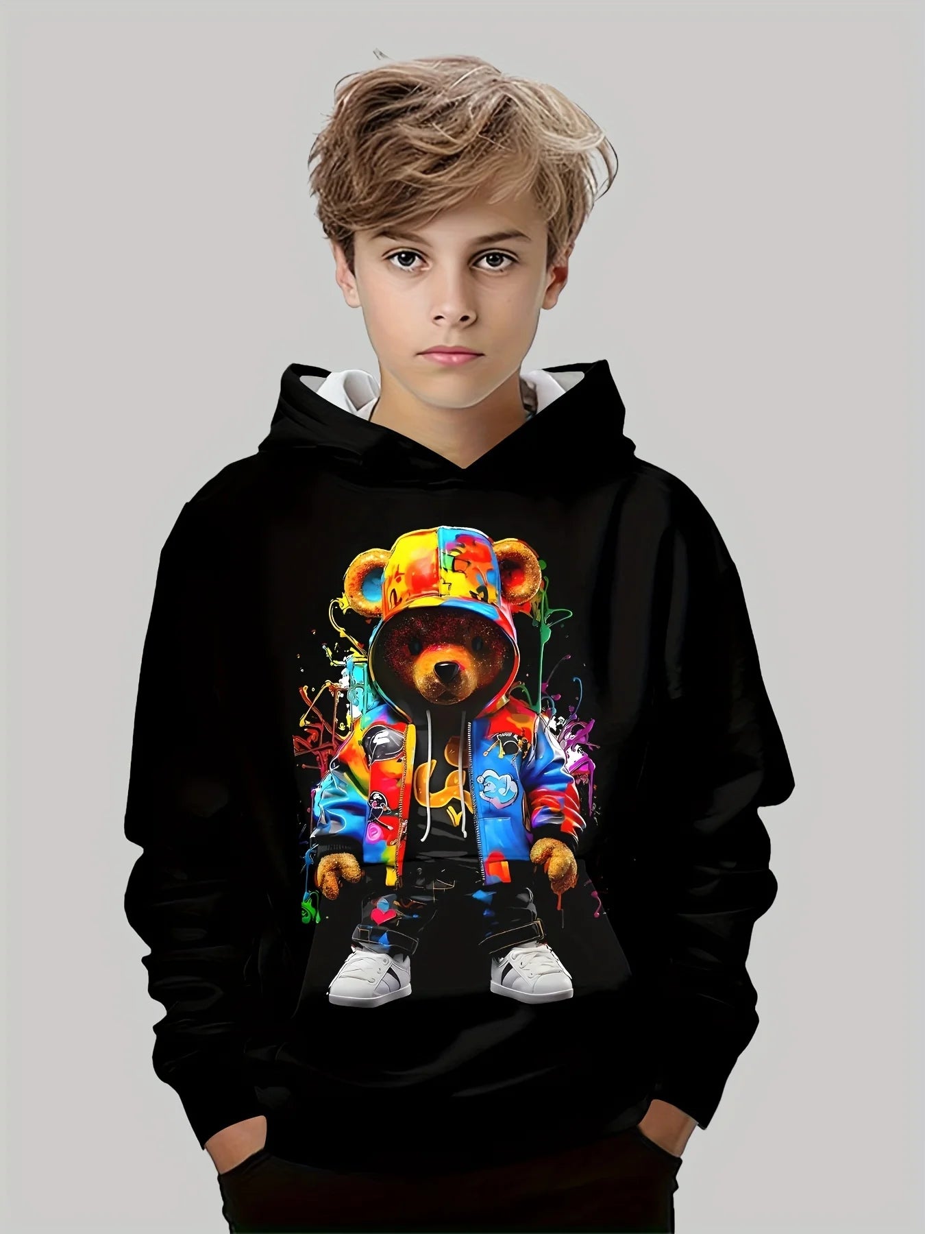 Vêtements pour enfants, sweat à capuche pour garçons, manches longues, imprimé ours Cool, vêtements de printemps et d'automne, à la mode, vêtements d'extérieur
