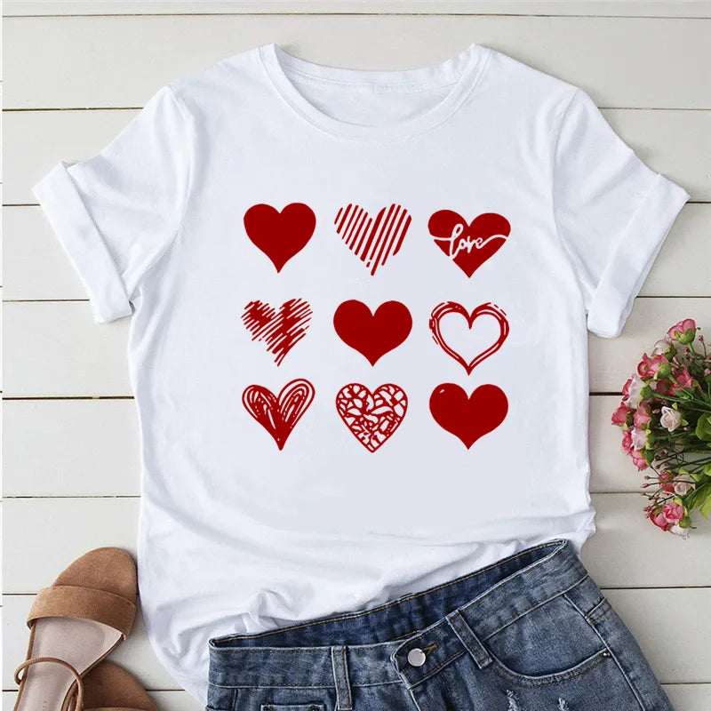 T-shirt décontracté à col rond pour femmes avec motif coeur géométrique à manches courtes rouge t-shirts décontractés haut