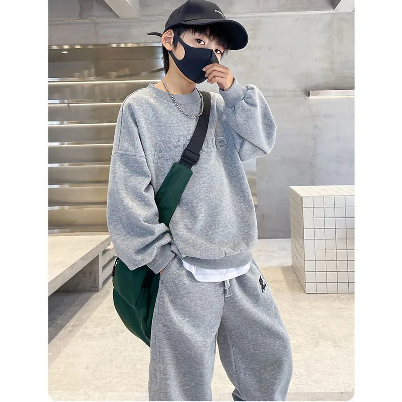 Ensemble de vêtements de sport pour garçons, sweat-shirt + pantalon imprimé de lettres de couleur unie, 2 pièces pour enfants de 5 à 14 ans, costume de loisirs de printemps et d'automne