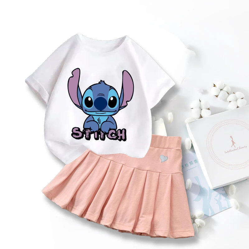 Nouveau mignon Lilo point T-shirts jupe ensemble Kawaii Disney dessin animé graphique T-shirt enfants décontracté manches courtes hauts été fille vêtements