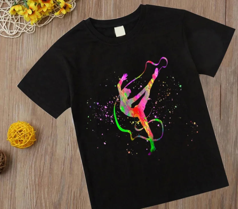 Aquarelle gymnastique fille imprimer CuteChildren T-Shirts enfants noir t-shirt GYM extrait Sport amant cadeau d'anniversaire t-shirt personnalisé