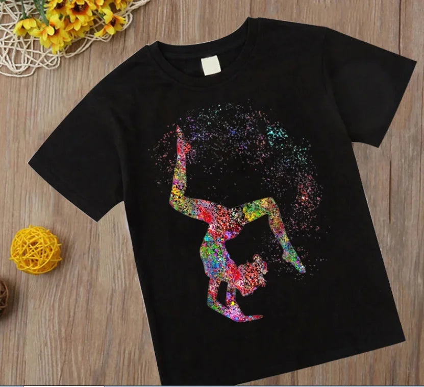 Aquarelle gymnastique fille imprimer CuteChildren T-Shirts enfants noir t-shirt GYM extrait Sport amant cadeau d'anniversaire t-shirt personnalisé