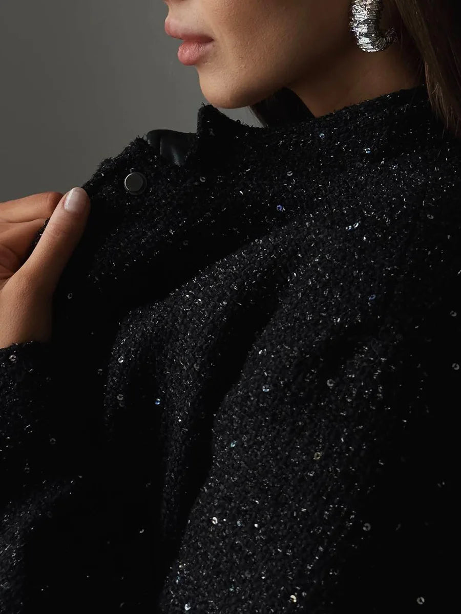 Veste à paillettes dorées pour femmes, nouvelle mode, col montant, ample, vêtements d'hiver, 2025