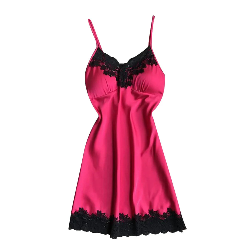 Robe de nuit d'été en soie pour femmes, Lingerie Sexy, dentelle, Patchwork, Mini robe de nuit, bretelles Spaghetti, sans coussinet de poitrine, vêtements de nuit pour dames