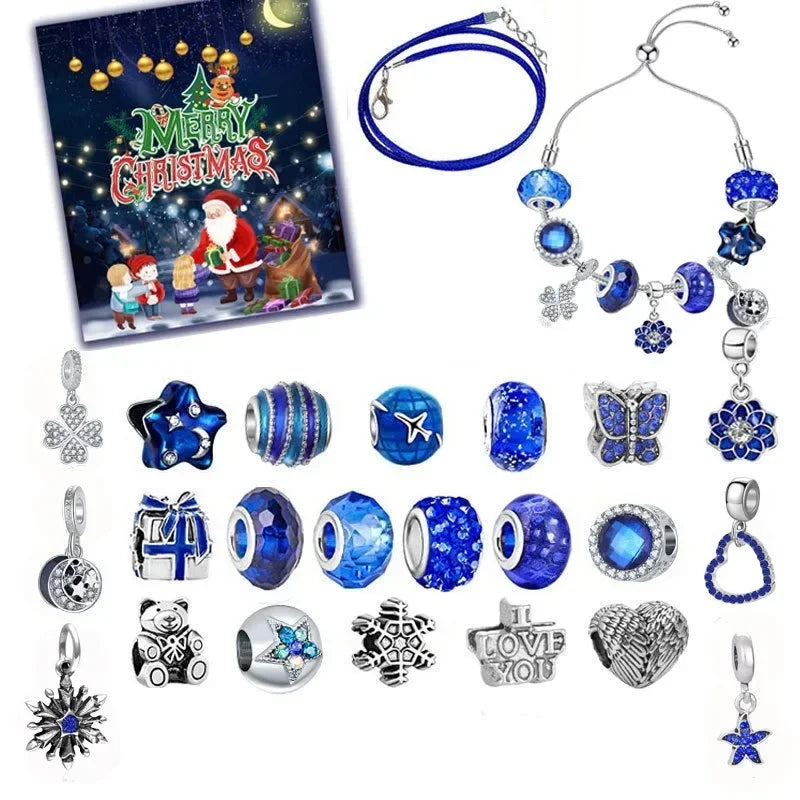 Advent Calendar Jewelry for Women, Christmas Countdown Calendar DIY Charm Bracelets Necklace with Blue Charm Beads, Christmas Surprise Gift