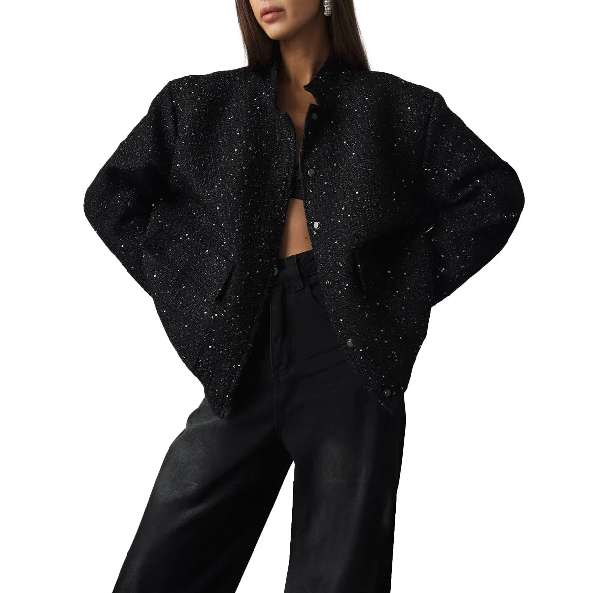 Veste à paillettes dorées pour femmes, nouvelle mode, col montant, ample, vêtements d'hiver, 2025