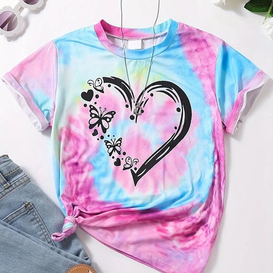 Vêtements fille T-Shirt enfant manches courtes coeur imprimé Tie Dye fille T-Shirt haut t-shirts occasionnels enfants vêtements d'été vêtements pour enfants