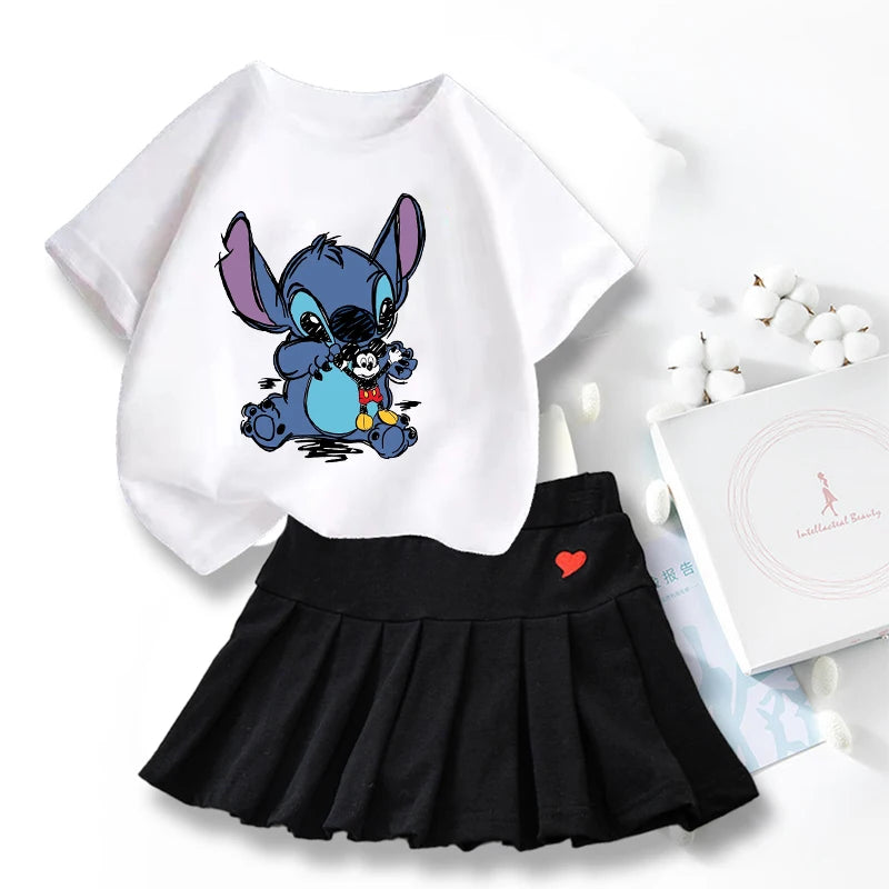 Nouveau mignon Lilo point T-shirts jupe ensemble Kawaii Disney dessin animé graphique T-shirt enfants décontracté manches courtes hauts été fille vêtements