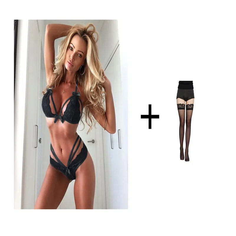 Ensemble de Lingerie érotique pour femmes, sous-vêtements érotiques, ensemble exotique, soutien-gorge Sexy en dentelle, culotte à bandes + bas, ensemble de soutien-gorge Transparent