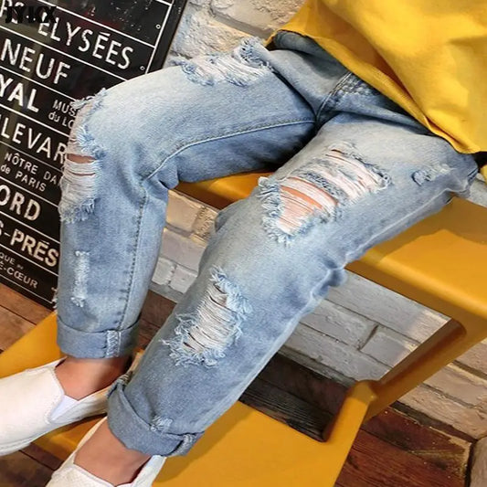 Jeans multicolores à trous pour petites filles et garçons, Denim décontracté, amples à revers, pantalons pour enfants, nouvelle mode printemps et été 2024