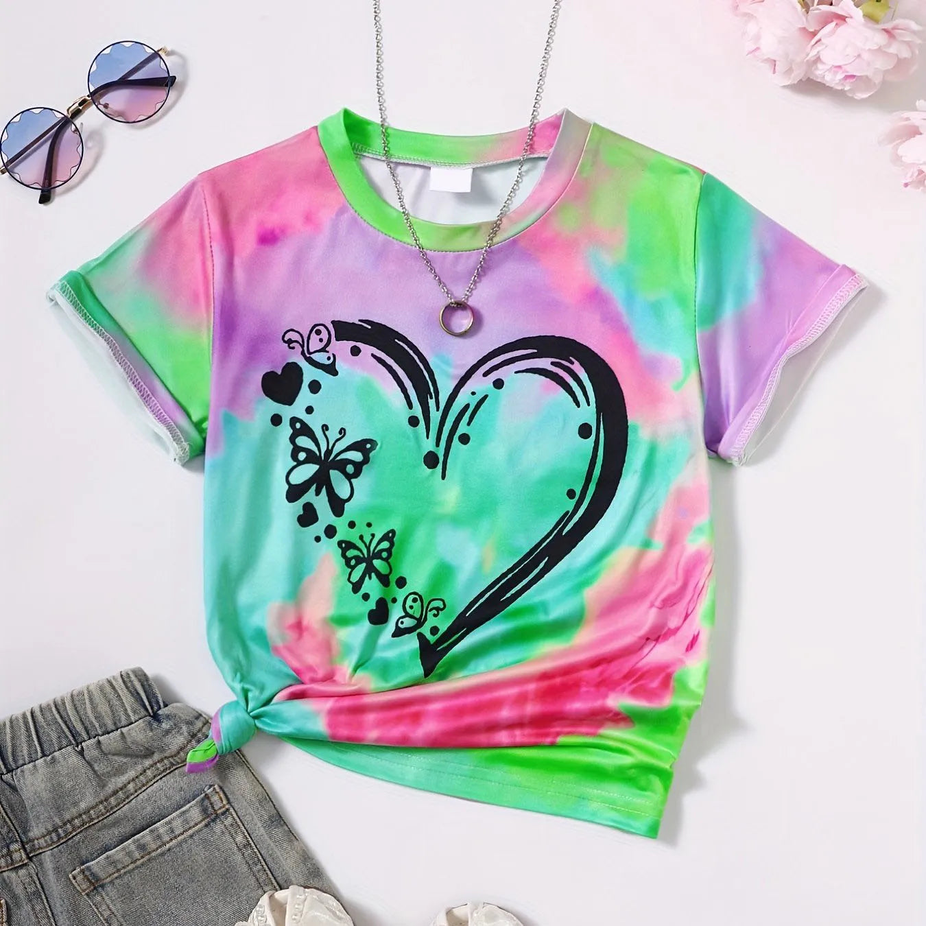 Vêtements fille T-Shirt enfant manches courtes coeur imprimé Tie Dye fille T-Shirt haut t-shirts occasionnels enfants vêtements d'été vêtements pour enfants