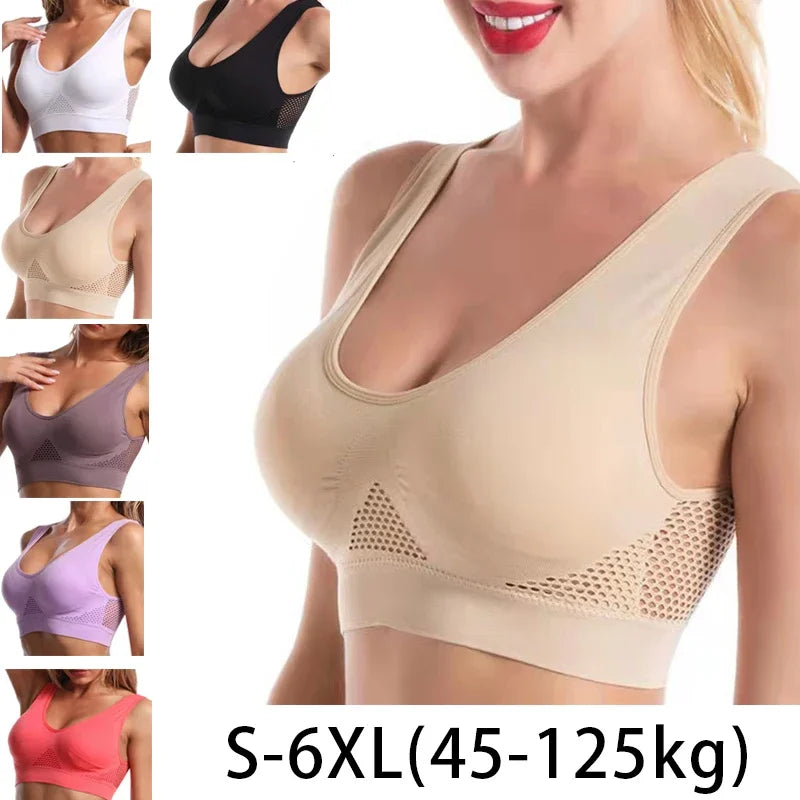 Soutien-gorge de Sport grande taille pour femmes, 1 pièce, sans anneau en acier, sous-vêtements sans couture, coussinet de poitrine amovible, course à pied, gilet en maille creuse