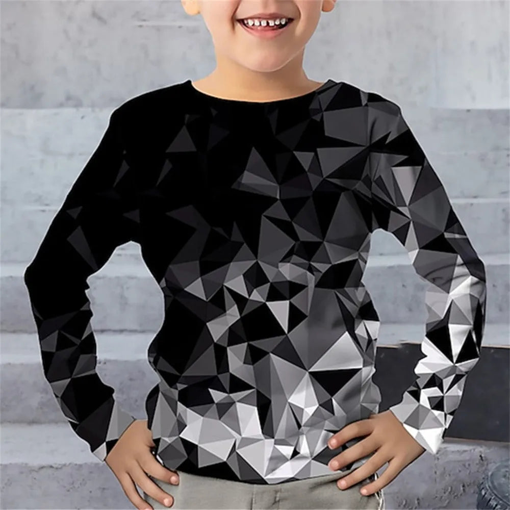 T-Shirt à manches longues pour garçon, vêtements une pièce à col rond, imprimé géométrique éclair, vêtements décontractés pour enfants, automne 2025