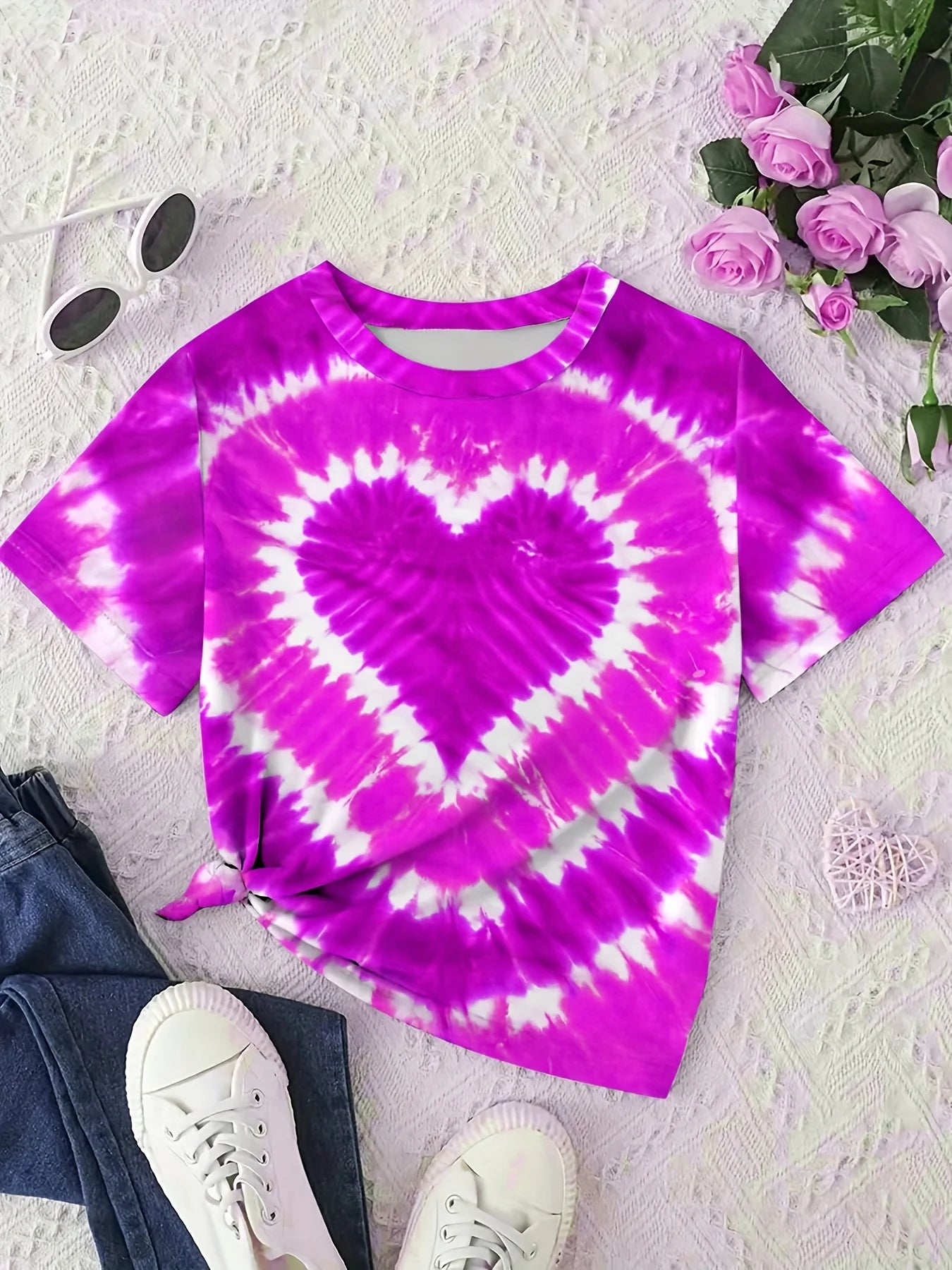 Vêtements fille T-Shirt enfant manches courtes coeur imprimé Tie Dye fille T-Shirt haut t-shirts occasionnels enfants vêtements d'été vêtements pour enfants