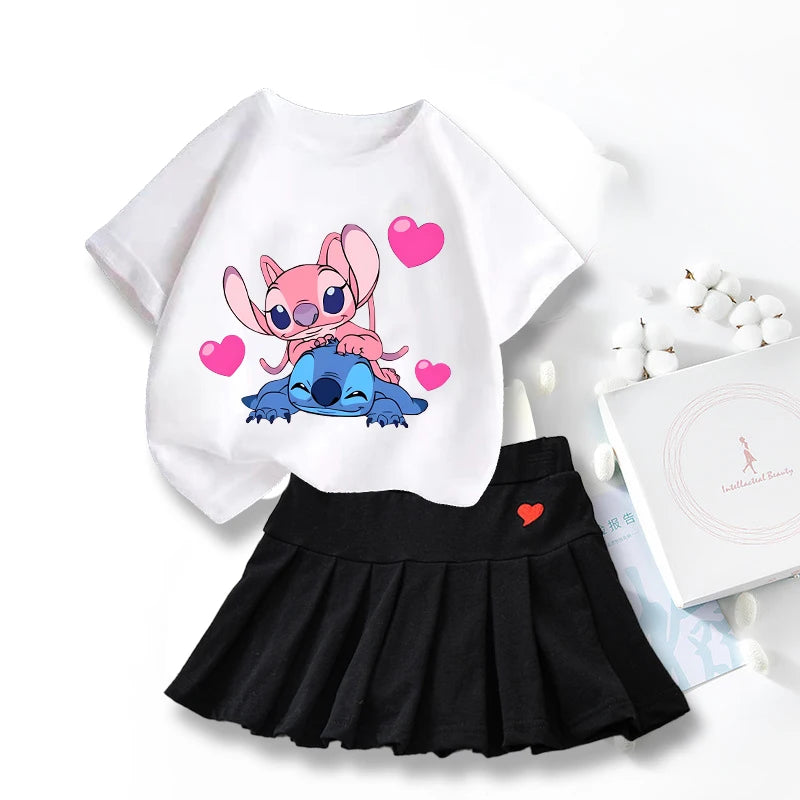 Nouveau mignon Lilo point T-shirts jupe ensemble Kawaii Disney dessin animé graphique T-shirt enfants décontracté manches courtes hauts été fille vêtements