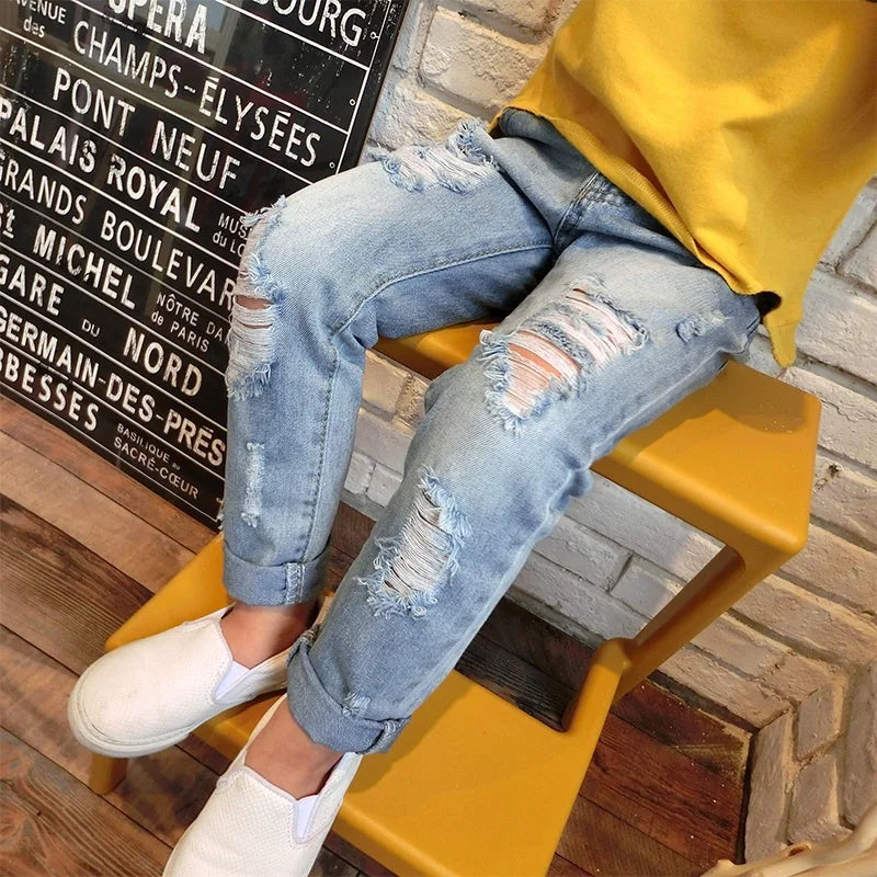 Jeans multicolores à trous pour petites filles et garçons, Denim décontracté, amples à revers, pantalons pour enfants, nouvelle mode printemps et été 2024