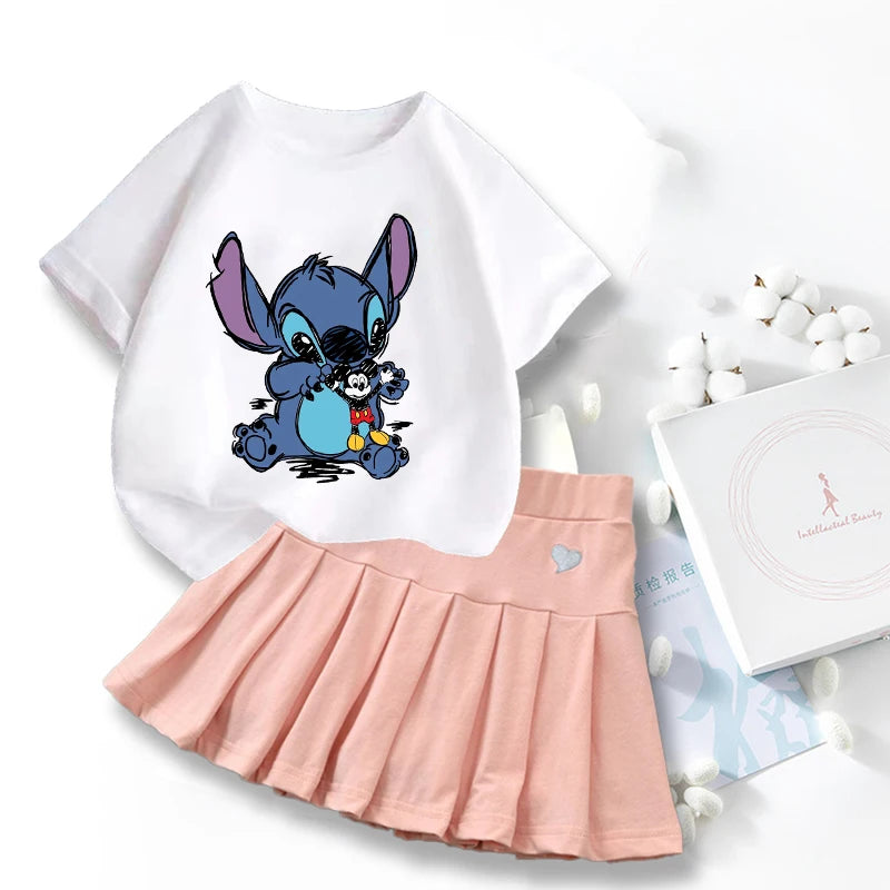 Nouveau mignon Lilo point T-shirts jupe ensemble Kawaii Disney dessin animé graphique T-shirt enfants décontracté manches courtes hauts été fille vêtements