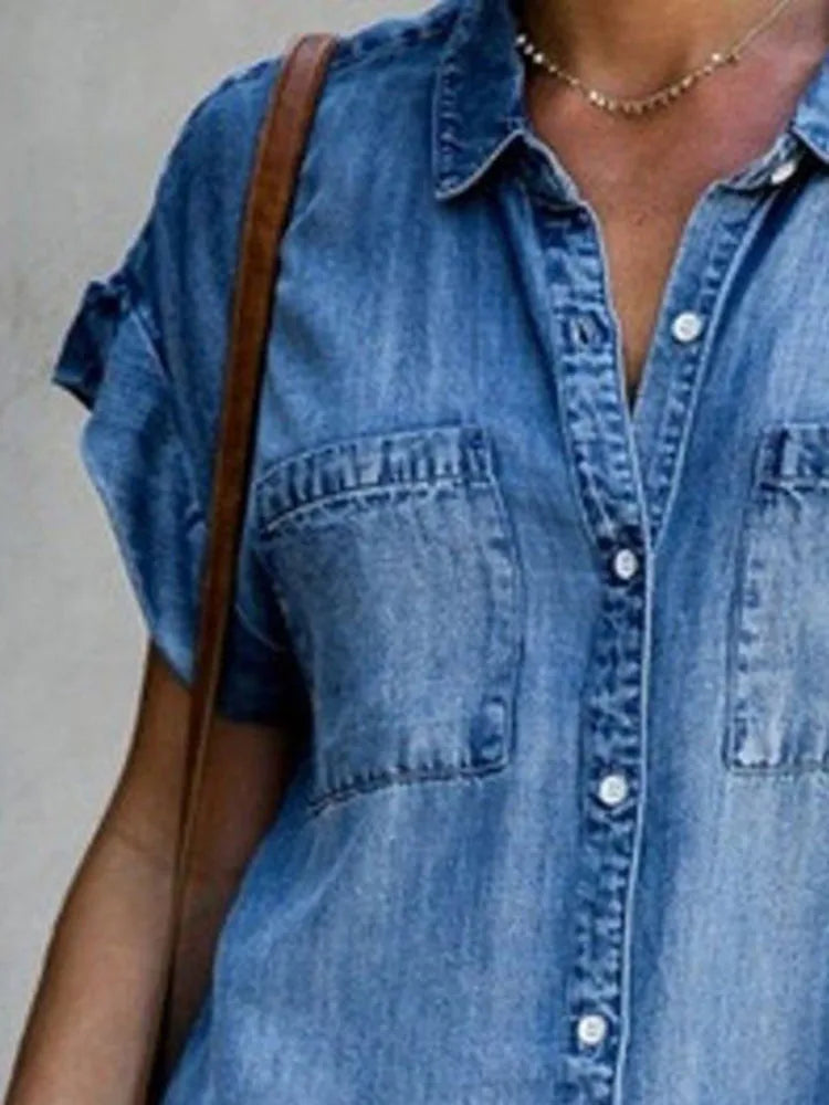 Robe chemise en Denim à Simple boutonnage pour femmes, nouvelle collection d'été, décontractée, ample, poches, Simple, rétro, banlieue, bureau, jupe courte en Denim