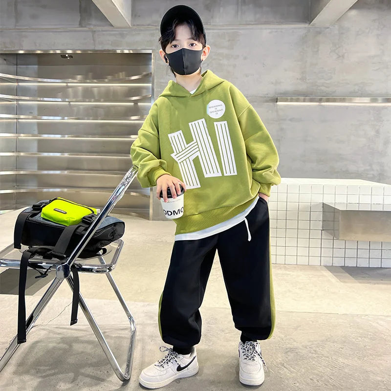 Costume sweat-shirt pour garçons, ensemble décontracté, à la mode, pour enfants et adolescents, à capuche, tendance, haut et pantalon, 2 pièces, nouvelle collection automne printemps 2025