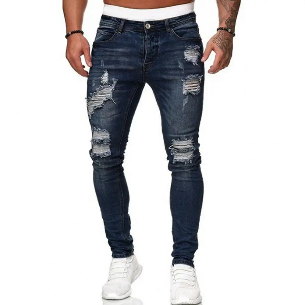 Jean Slim pour hommes peint Stretch coupe ajustée déchiré en détresse plissé genou Patch Denim pantalon marque pantalon décontracté mâle