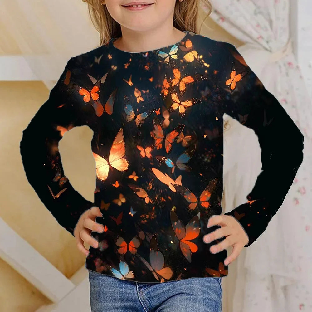 Vêtements pour filles de 4 à 12 ans, t-shirts noirs à manches longues avec papillon brillant, mode automne 2025, hauts pour enfants