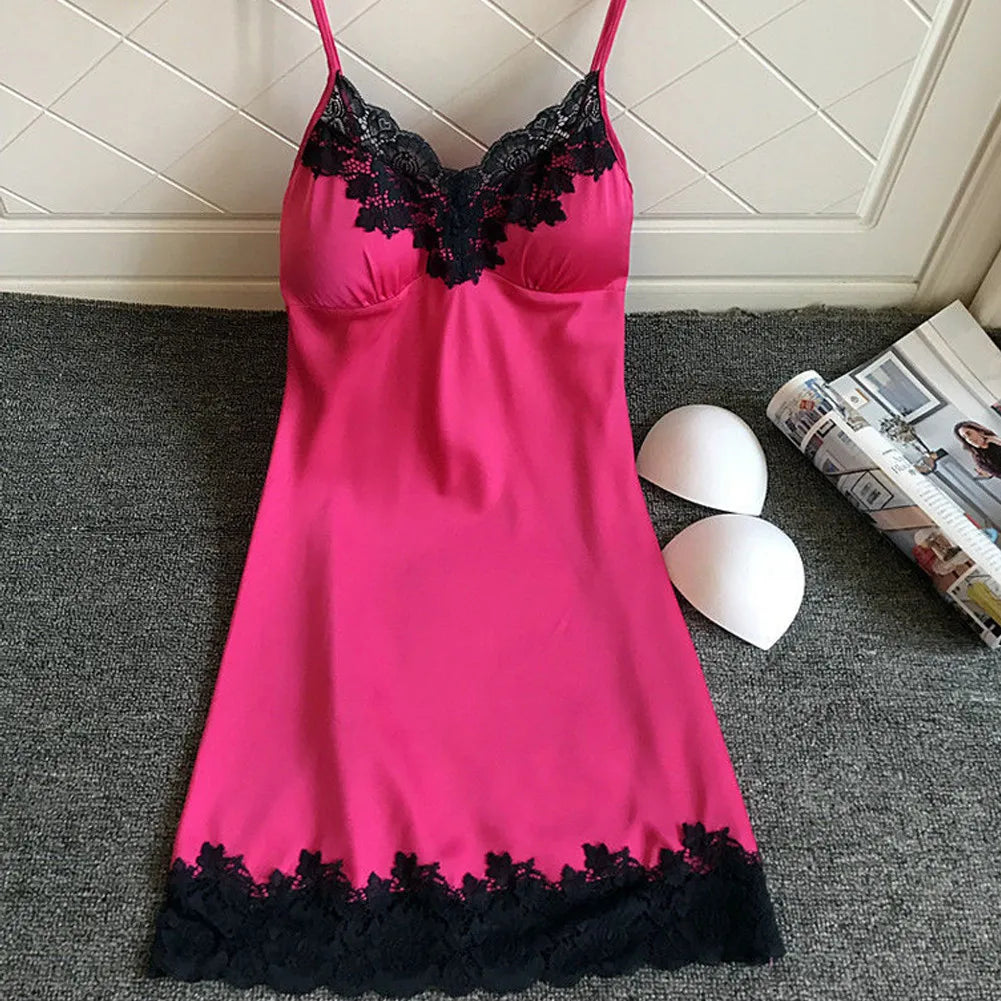 Robe de nuit d'été en soie pour femmes, Lingerie Sexy, dentelle, Patchwork, Mini robe de nuit, bretelles Spaghetti, sans coussinet de poitrine, vêtements de nuit pour dames