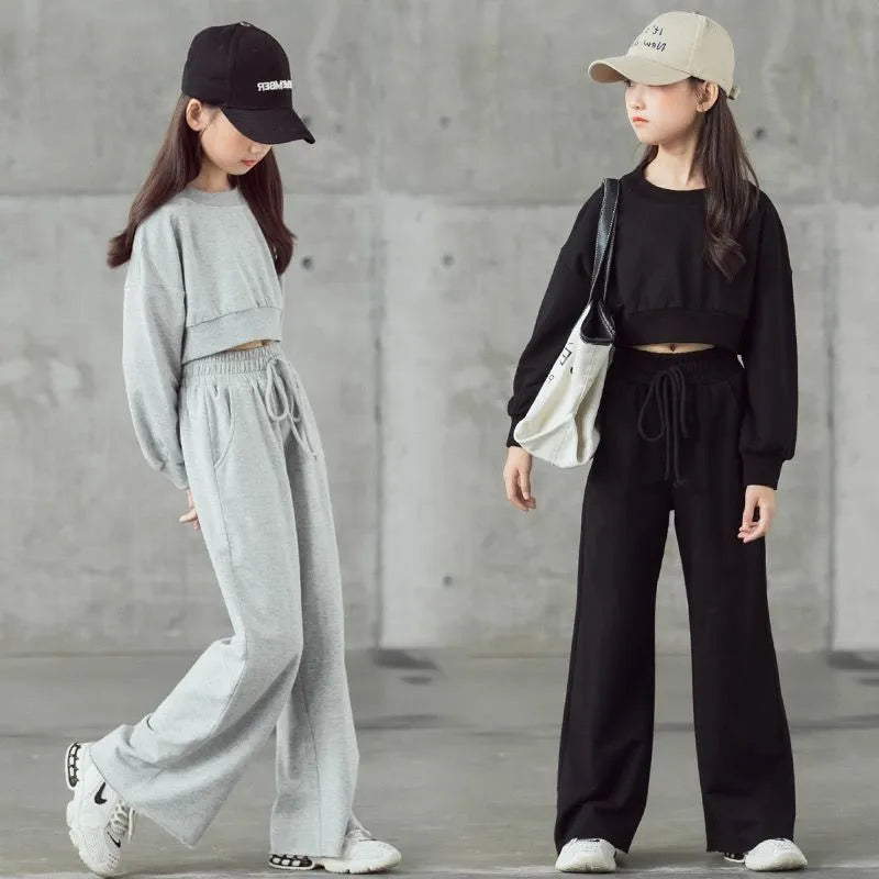 Ensemble pull et pantalon court à manches longues pour filles, couleur unie, 2 pièces, nouvelle mode printemps-automne, costume décontracté pour enfants de 4 à 12 ans