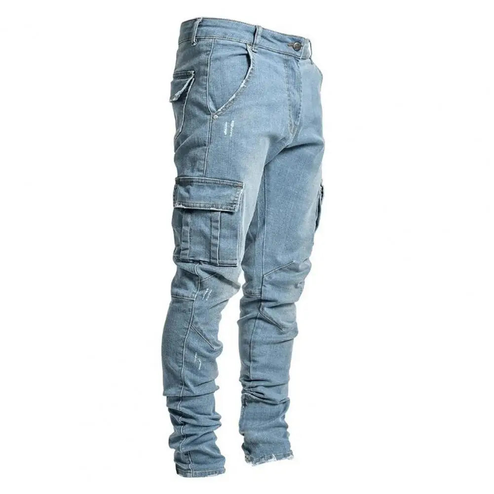 Jean élastique de rue pour hommes, pantalon Cargo en Denim, couleur unie, multi-poches, décontracté, taille moyenne, coupe cintrée, tenue quotidienne, jogging