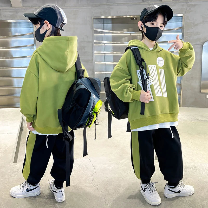 Costume sweat-shirt pour garçons, ensemble décontracté, à la mode, pour enfants et adolescents, à capuche, tendance, haut et pantalon, 2 pièces, nouvelle collection automne printemps 2025