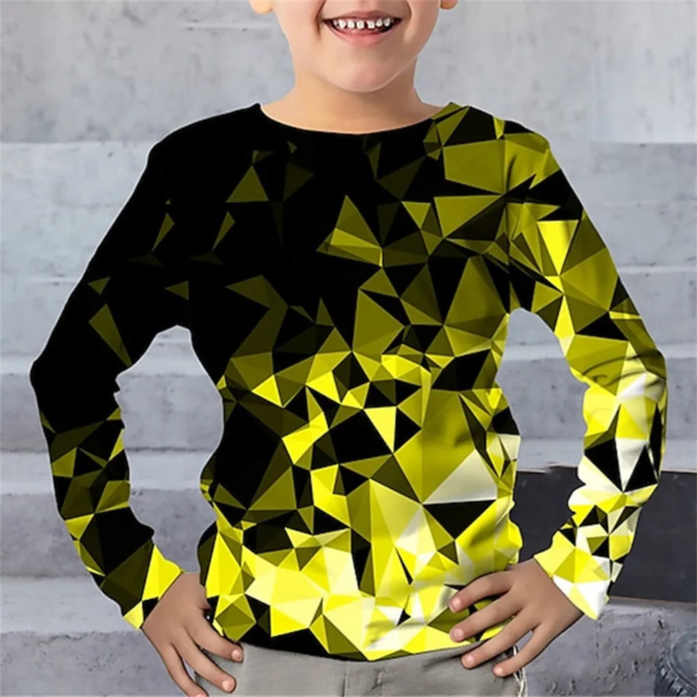 T-Shirt à manches longues pour garçon, vêtements une pièce à col rond, imprimé géométrique éclair, vêtements décontractés pour enfants, automne 2025