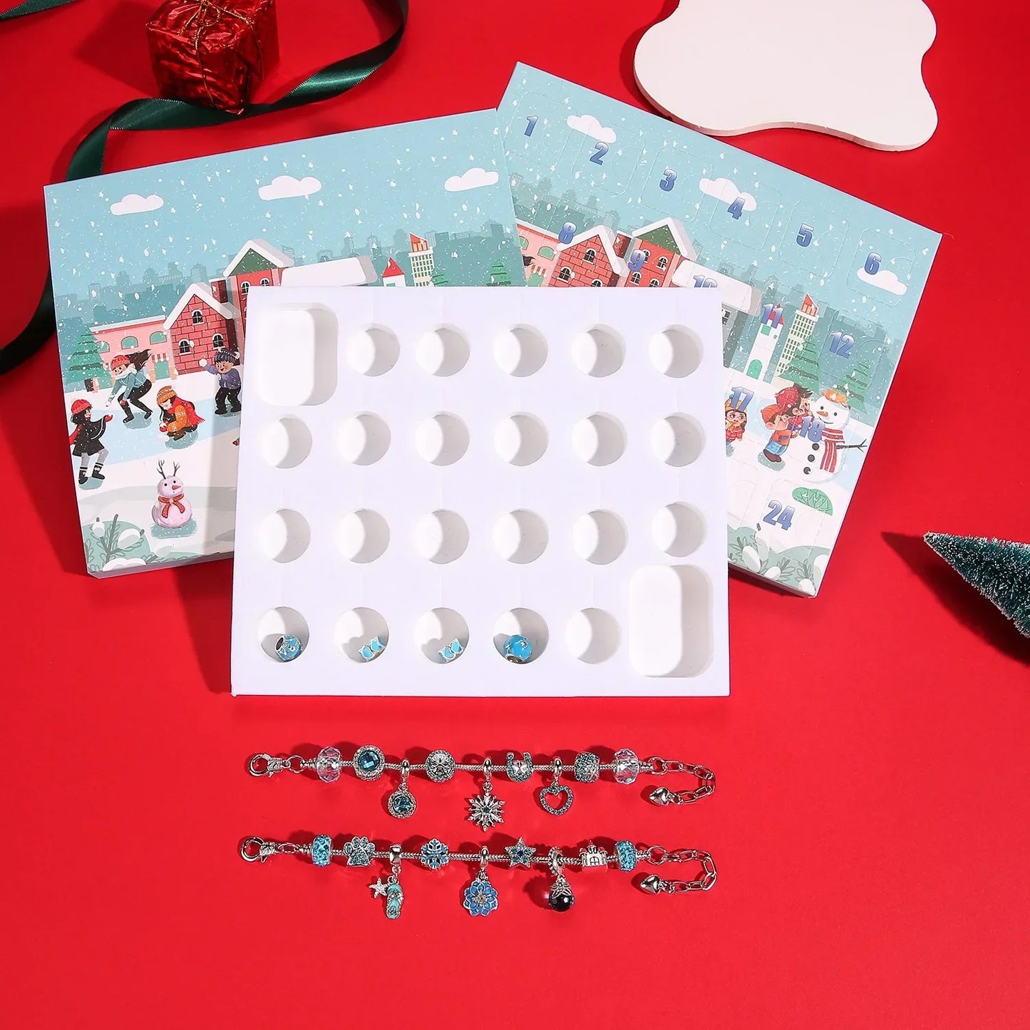 Advent Calendar Jewelry for Women, Christmas Countdown Calendar DIY Charm Bracelets Necklace with Blue Charm Beads, Christmas Surprise Gift