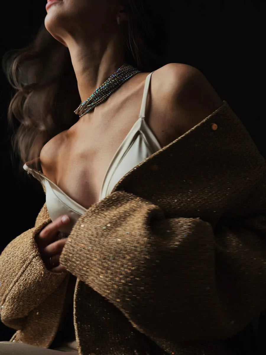 Veste à paillettes dorées pour femmes, nouvelle mode, col montant, ample, vêtements d'hiver, 2025
