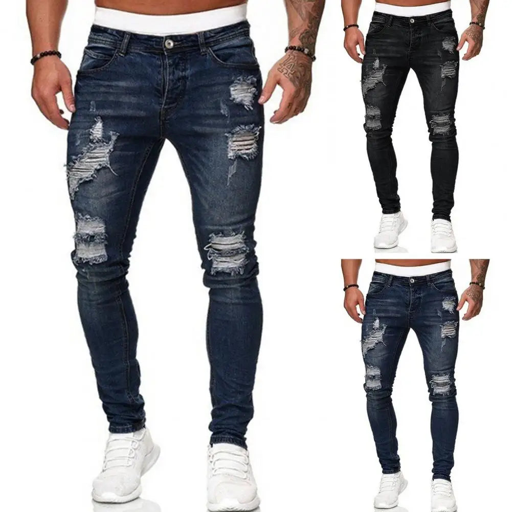 Jean Slim pour hommes peint Stretch coupe ajustée déchiré en détresse plissé genou Patch Denim pantalon marque pantalon décontracté mâle