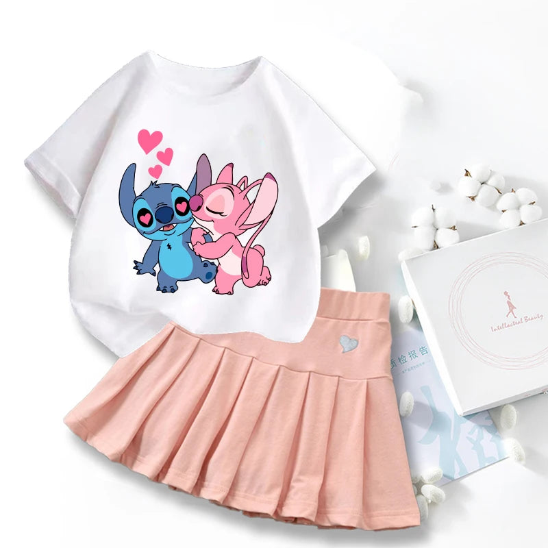 Nouveau mignon Lilo point T-shirts jupe ensemble Kawaii Disney dessin animé graphique T-shirt enfants décontracté manches courtes hauts été fille vêtements