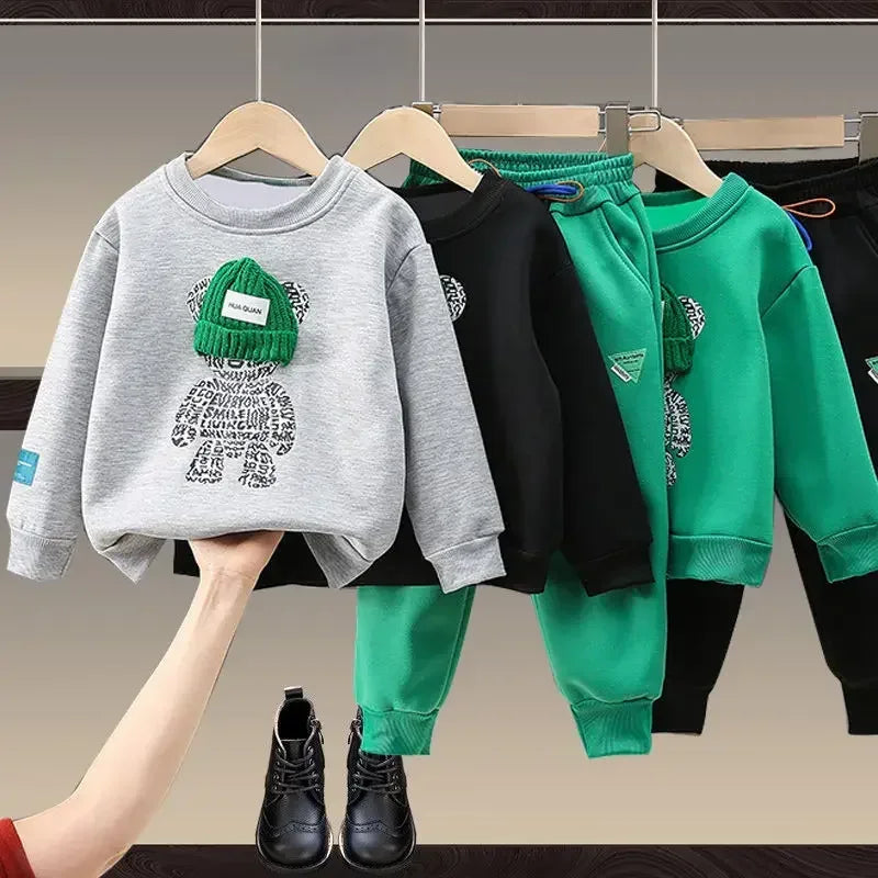 Ensemble de vêtements d'automne pour bébés filles et garçons, sweat-shirt avec ours de dessin animé, pantalon et haut à boutons, costume deux pièces, survêtement en coton