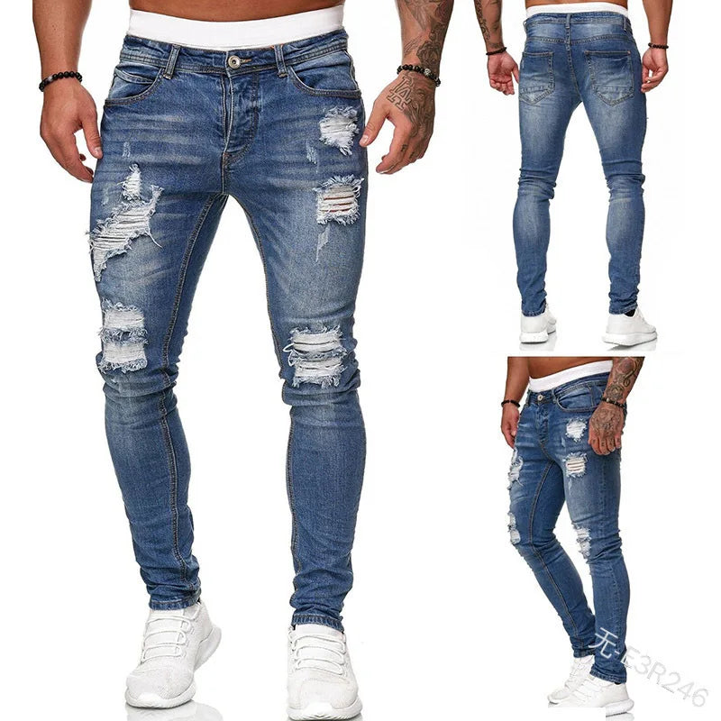 Nouveaux hommes Skinny déchiré jean mode, coupe mince Stretch décontracté Denim