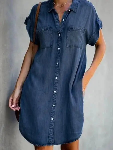 Robe chemise en Denim à Simple boutonnage pour femmes, nouvelle collection d'été, décontractée, ample, poches, Simple, rétro, banlieue, bureau, jupe courte en Denim