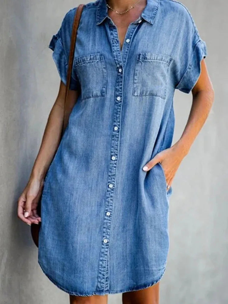 Robe chemise en Denim à Simple boutonnage pour femmes, nouvelle collection d'été, décontractée, ample, poches, Simple, rétro, banlieue, bureau, jupe courte en Denim