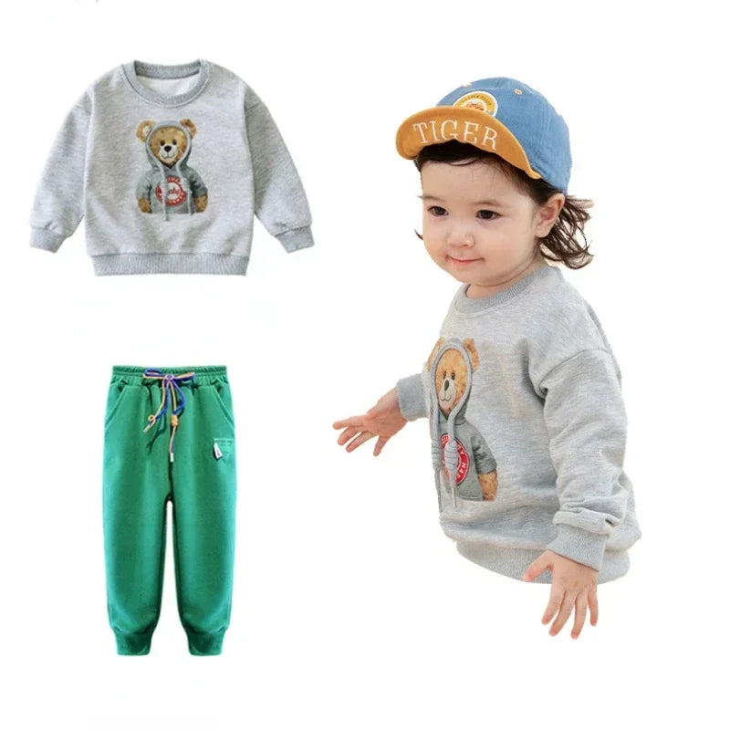 Ensemble de vêtements d'automne pour bébés filles et garçons, sweat-shirt avec ours de dessin animé, pantalon et haut à boutons, costume deux pièces, survêtement en coton